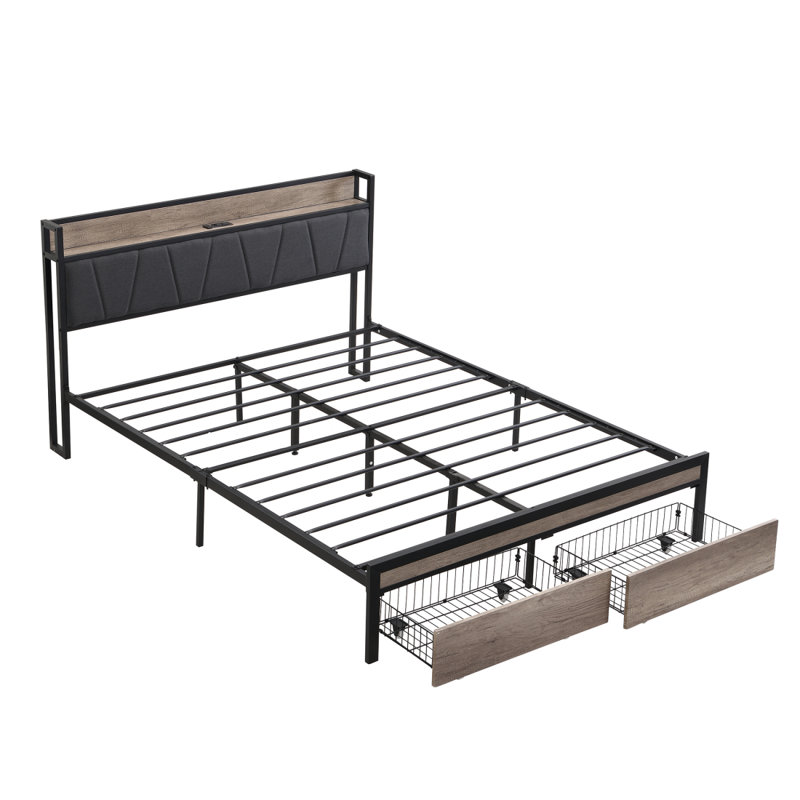 Metal Platm Bed Frame With Upholstedry Storage Function Headboard And USB LINER And Footboard With Drawers Large Under Bed Frame Storageeasy Assemble