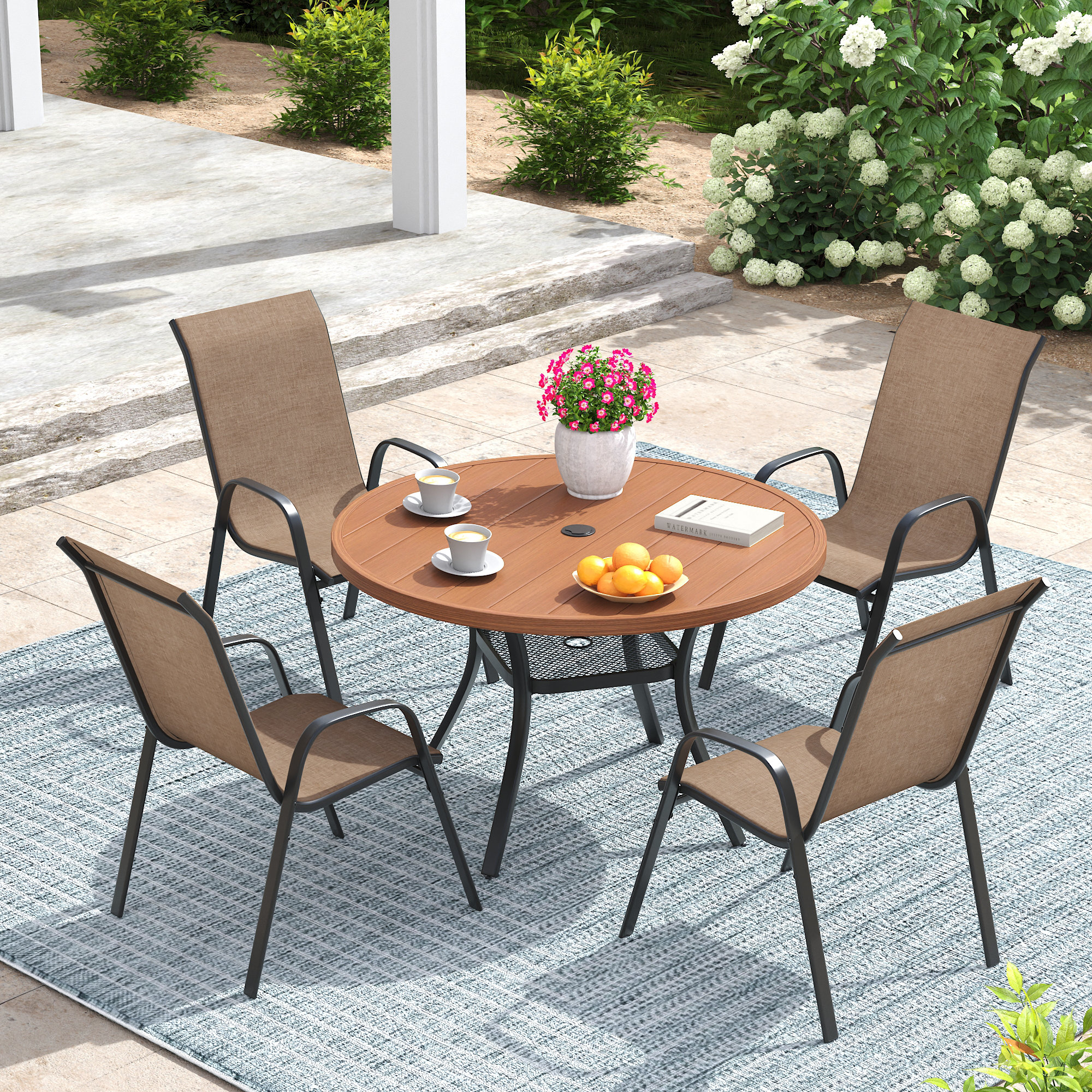 4-Person Round Patio Dining Set With Stackable Chairs - Brush Wood Brown/Black/Brown, 28.3" H x 41.7" W x 41.7" D