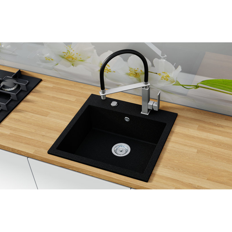 Belfry Kitchen Newcomb 520mm W Single Bowl Granite Composite Kitchen Sink with 2 Faucet Holes, Black