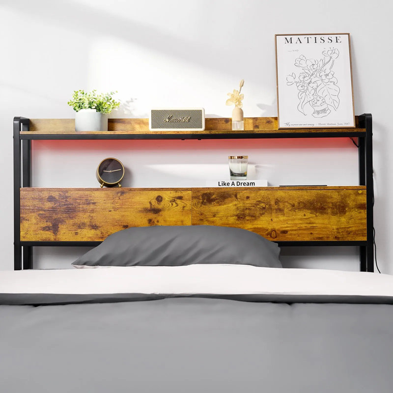 Tête de lit pour lit double, tête de lit à hauteur réglable avec 2 tablettes de rangement, tête de lit autoportante avec station de charge et lumière DEL pour différents cadres de lit, assemblage facile, brun