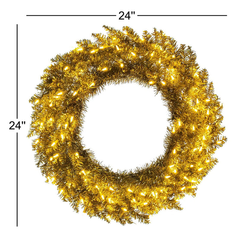 24" Gold Tinsel Artificial Pre-Lit Wreath with 50 Warm White LED Mini Lights