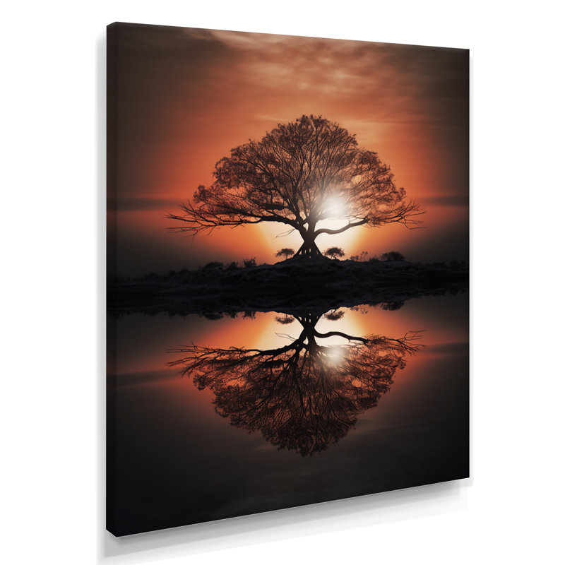 Silhouette d'un arbre majestueux sur un lac - art mural chêne, Toile tendue, H 32 po x l 24 po x P 1 po