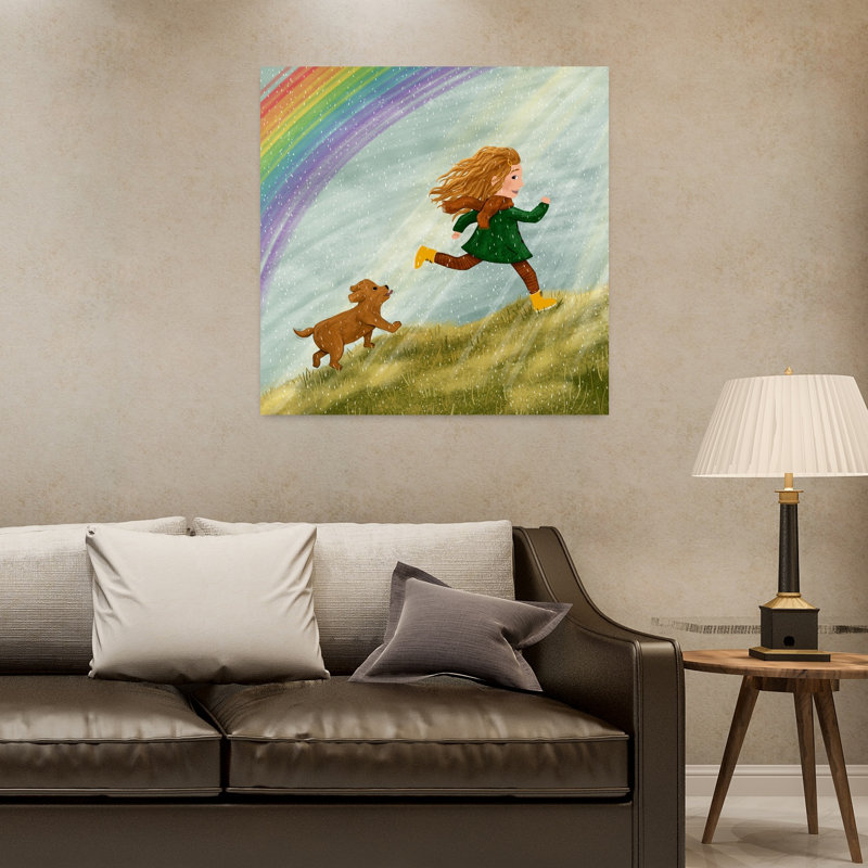 «Joyful Run Under Rainbow Playful Abstract Contemporary Dog Autumn Landscape», art mural, H 32 po x l 32 po