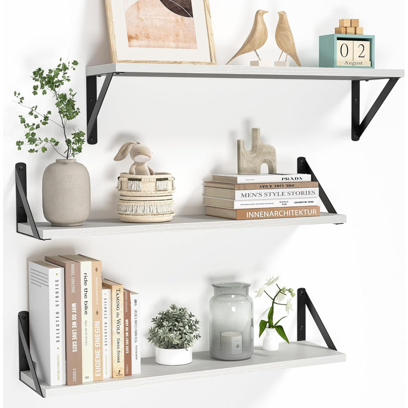Floating Shelves Set Of 3,  Wall Mounted Shelves For Bathroom Bedroom Kitchen, Rustic Wood Hanging Shelves With Heavy Duty Brackets, Space Saving Storage Solution