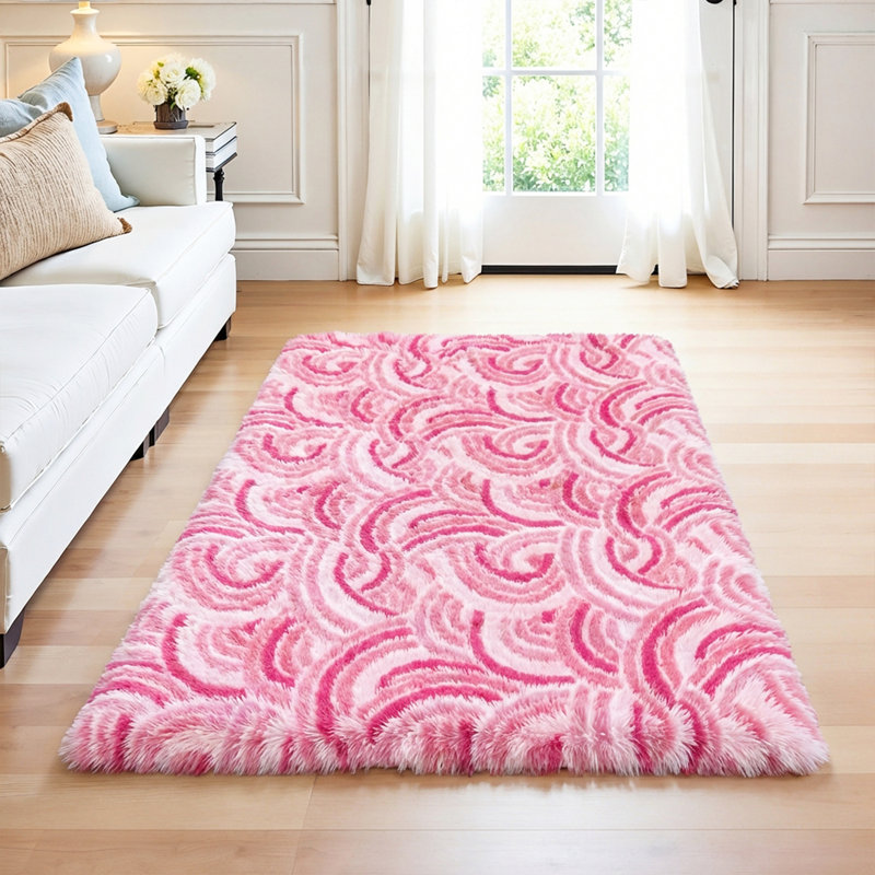 Non-Slip Cute Fluffy Shag Area Rug, Rectangle 5' x 8', Light Pink/Pink/White