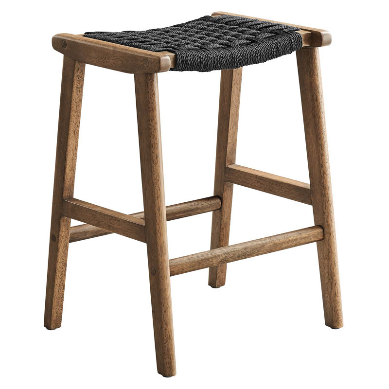 Modway Saoirse Counter/Bar Stools, Counter Stool (26” Seat Height), Black Rope /Walnut Frame