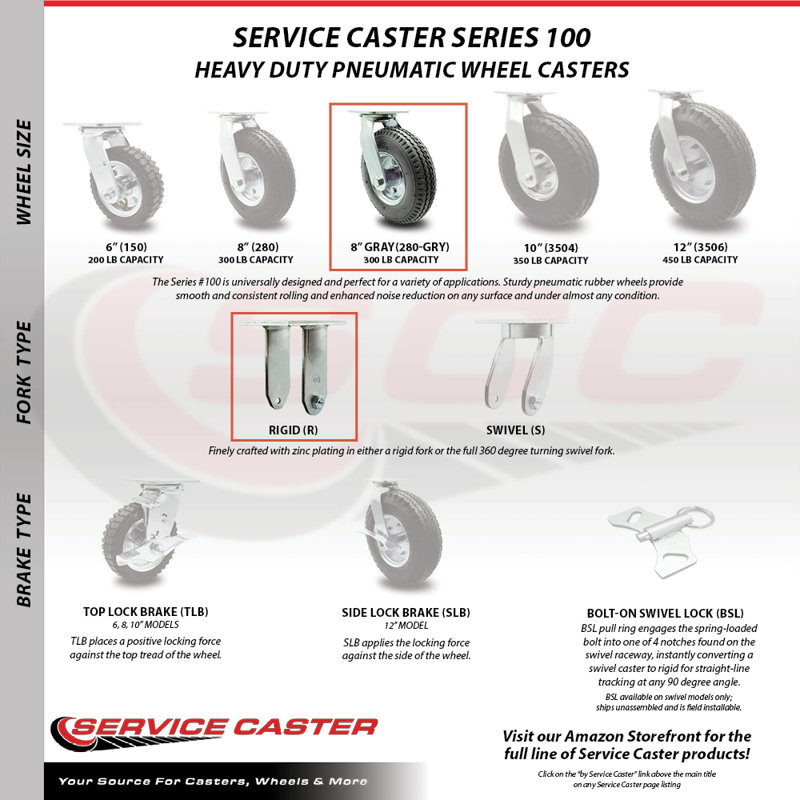8 Inch  Pneumatic Wheel Caster Set 2 Swivel with Brakes and 2 Rigid SCC/SCC-100S280-PNB-GRY-TLB-2-R280-2
