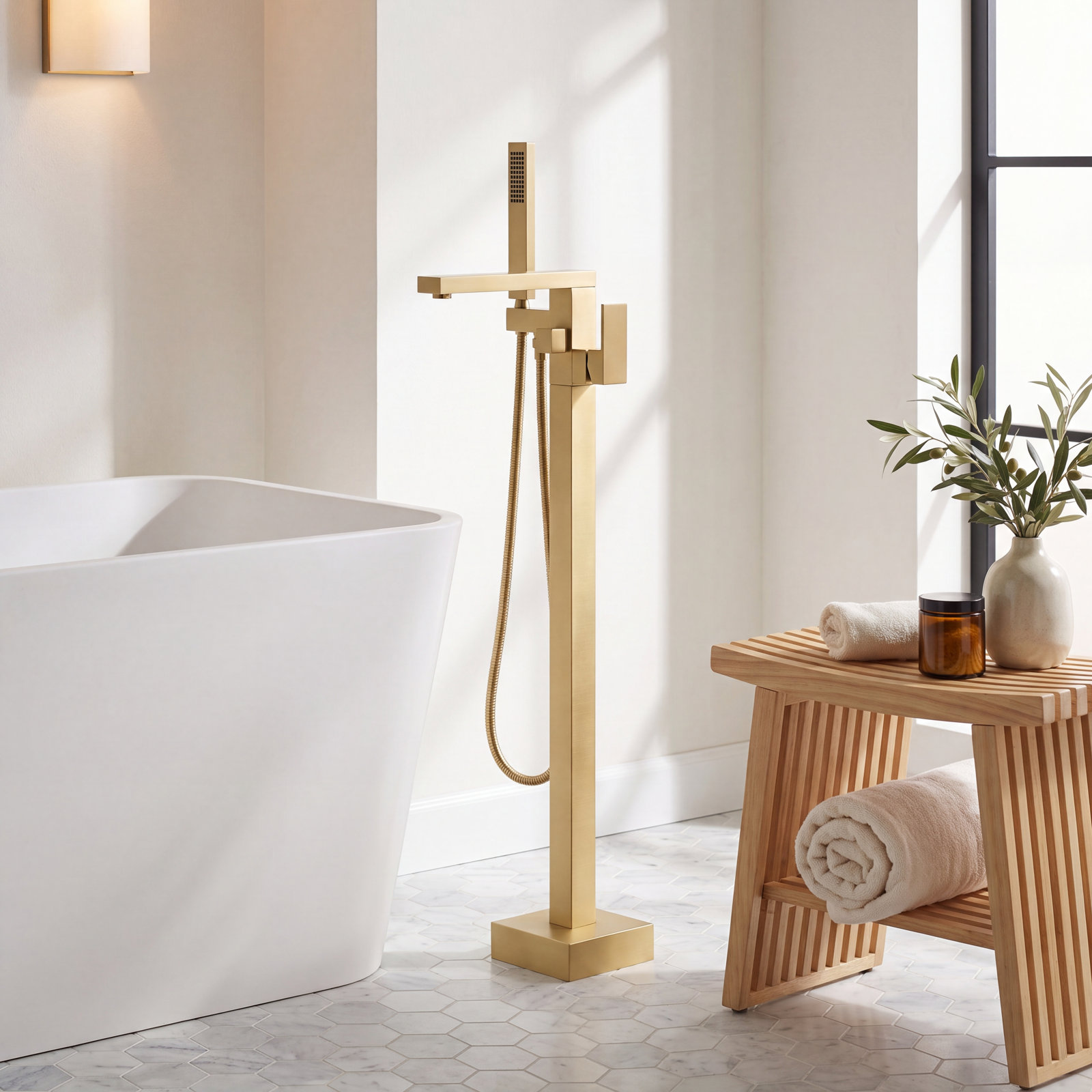 Cube Freestanding Tub Faucet with Diverter, Brushed Brass