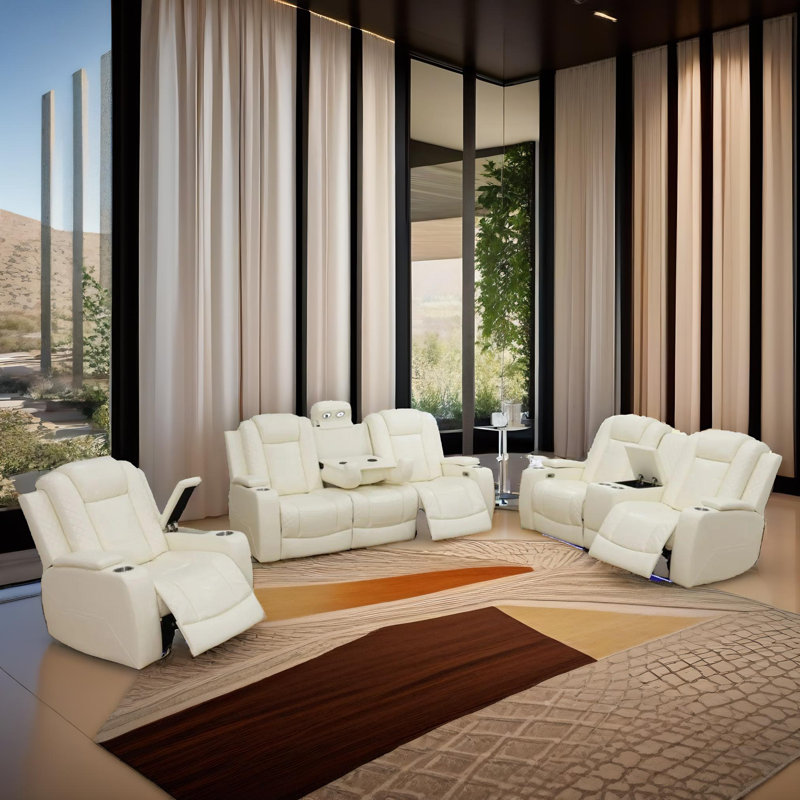 Solace White Vegan Leather 3-Pieces  Reclining  Sectioanal Living Room Sofa Set With Cup-Holders ,Wireless Charging And LED Lights