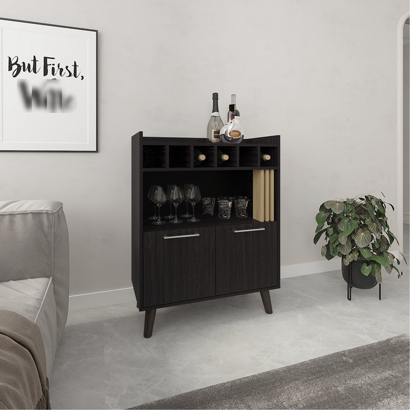 Armoire de bar 40 po avec six bouteilles, deux armoires à deux portes, quatre tablettes, foncée, haute solution d'espace