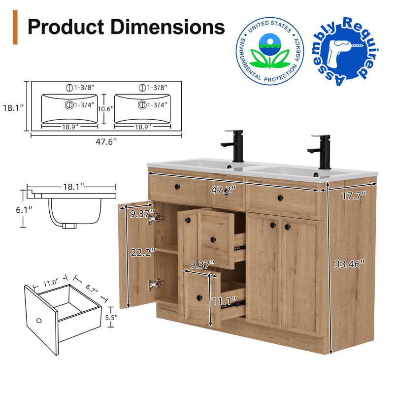 Jadaya 48 Inch Double Sink Bathroom Vanity Set With Resin Sink Top, Assembly Required, Oak