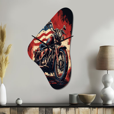 Mcleary Motorcycle American Flag - Red Irregular Shape Metal Wall Clock, Modern Asymmetrical Wall Clock Print