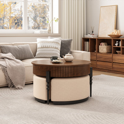 31.5'' Wood Grain Elevated Extendable Frame Coffee Table with Storage Shelf and 3 Stools, Solid Wood Legs