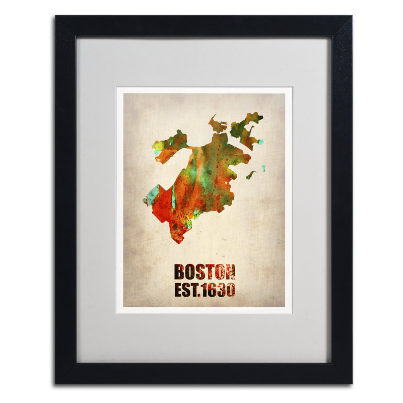 Javin «Boston Watercolor Map», reproduction d'impression sur toile encadrée, H 20 po x l 16 po x P 0,5 po, Noir