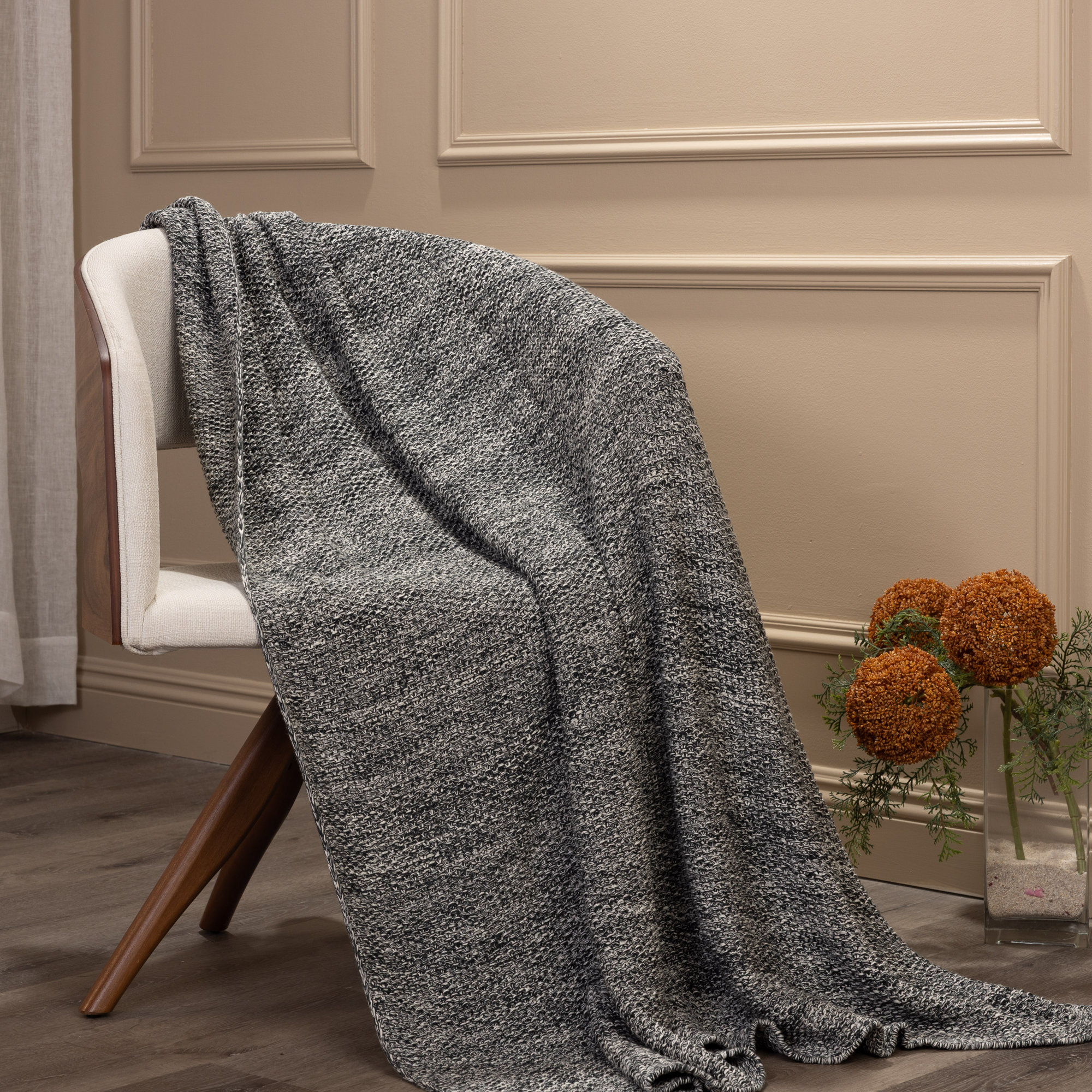 Cotton Knitted Throw Blanket, Charcoal