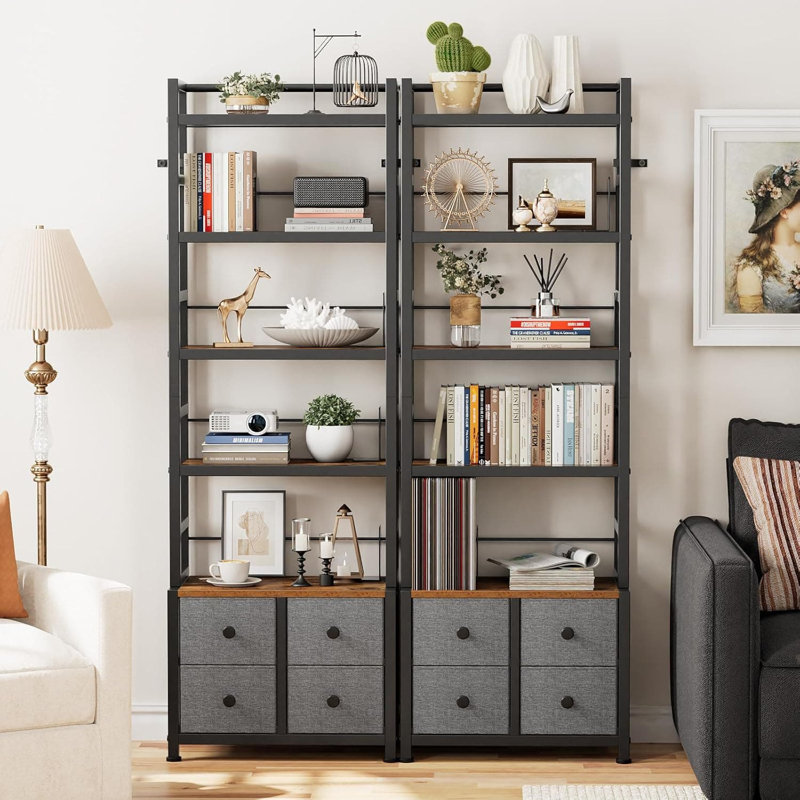 5-Tier Industrial Bookshelf With 4 Fabric Drawers & Adjustable Bookends, Free Standing Storage Shelf For Home Office, Living Room, Bedroom Organization
