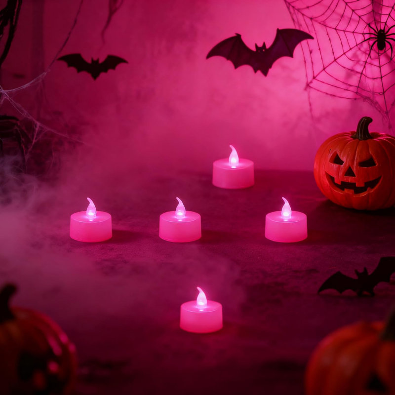 24 Pack LED Tea Lights, not Flickering, Pink Light, Pink Base