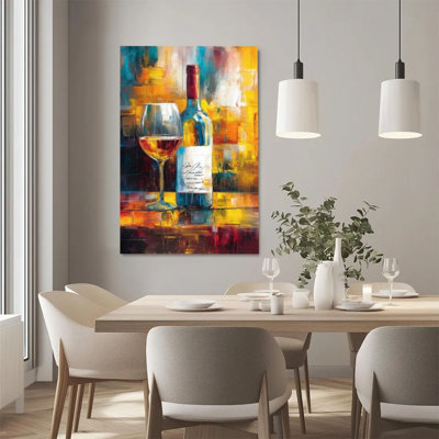 1Pc Framed Canvas Poster Print Wine bottle and wine glass, abstract color background, impressionist oil painting style Wall Decor, Perfect for Room Decor Living Room Bedroom Office Kitchen Bathroom Home Decor, Rustic & Modern Ideal Home Wall Decoration