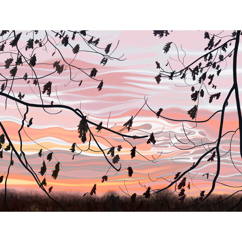 Feuilles de chêne et ciel du matin par Evan Sklar - Peinture, H 24 po x l 30 po, Papier avec cadre noir
