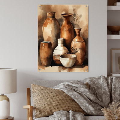 Art mural acrylique brun et crème en terre III - Boho Pottery