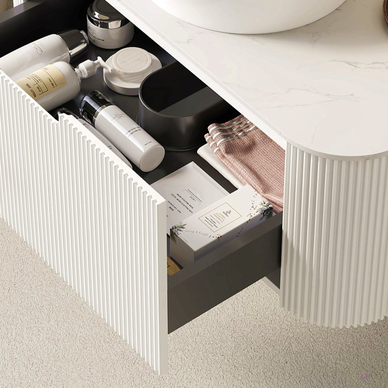 Meuble-lavabo de salle de bain 36 po avec lavabo, meuble de rangement mural à bordures courbées et flottantes avec tiroir, lavabo rond en céramique avec motif de pierre, pré-assemblé