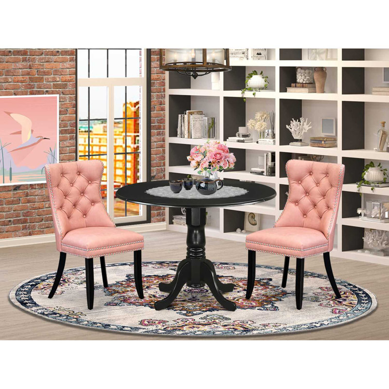 3-Piece Antique Walnut Finish Solid Wood Top-Round Upholstered Dining Room Set with Dropleaf-Seats 4, Black, Tan