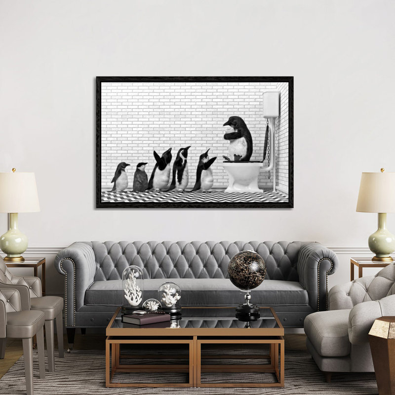 Penguin Family At The Toilet by Jauffrey Philippe - Gallery-Wrapped Canvas Giclée on Canvas, Black Floater Framed