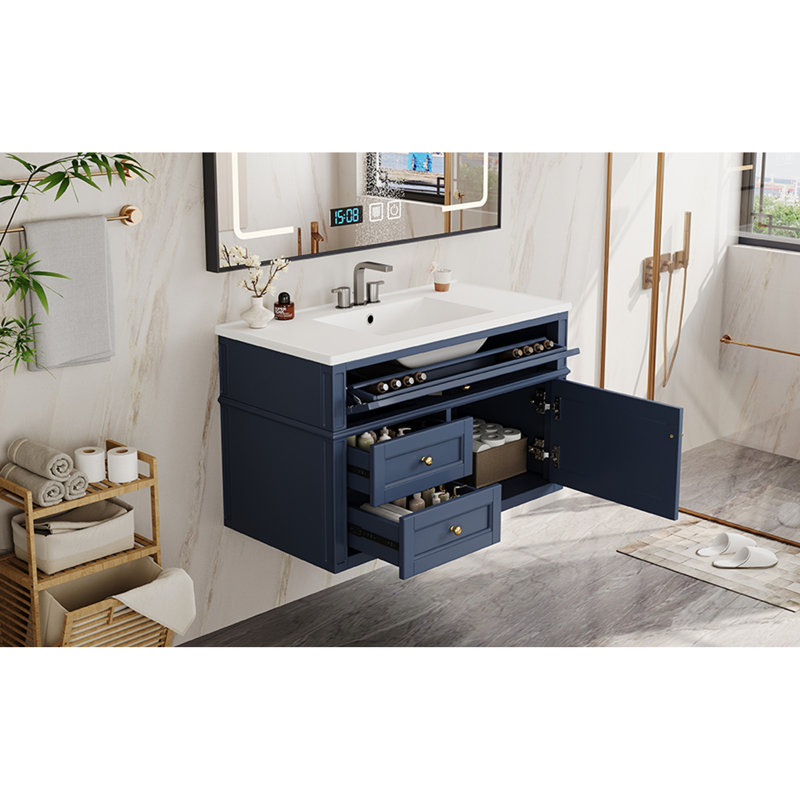 Meuble-lavabo mural 36 po, armoire de rangement flottante avec 2 tiroirs, 1 tiroir basculant, lavabo simple en céramique à 3 trous, armoire moderne, meuble-lavabo moderne