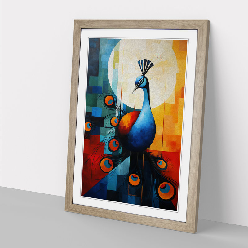 Peacock Constructivism - Single Picture Frame Print on Wood, 46cm H x 34cm W x 2cm D, Oak Framed