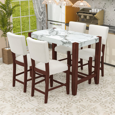 5-Piece Wooden Dining Set, Counter Height Dining Table with Top and Upholstered Chairs
