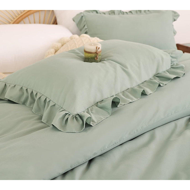 The Set Ruffle Comforter with 1 Pillowcase Soft Twin Size, Sage Green, Twin Comforter + 2 Pillowcases