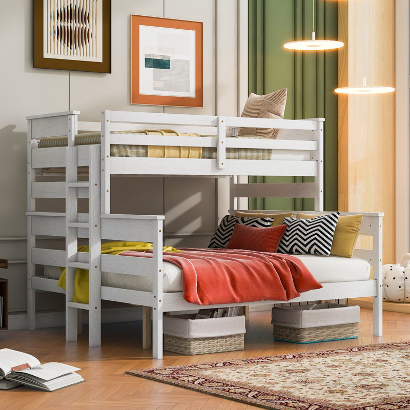 Lit superposé en bois avec échelle, Blanc, Simple sur grand