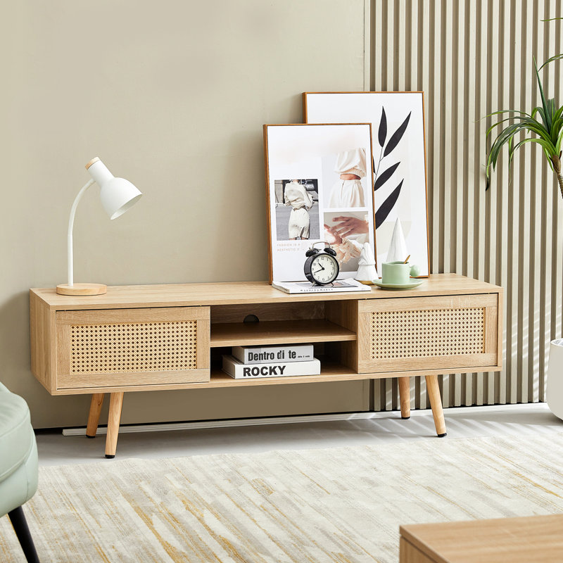 Meuble télé naturel avec pieds en bois massif, tablette réglable de 54,13 po de long, portes coulissantes doubles pour armoire de salon, portes, tablette