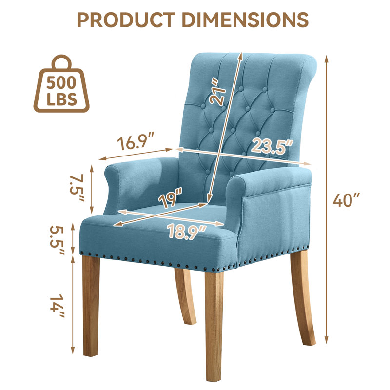Tufted Upholstered High Back Dining Armchair, Linen, Blue Linen