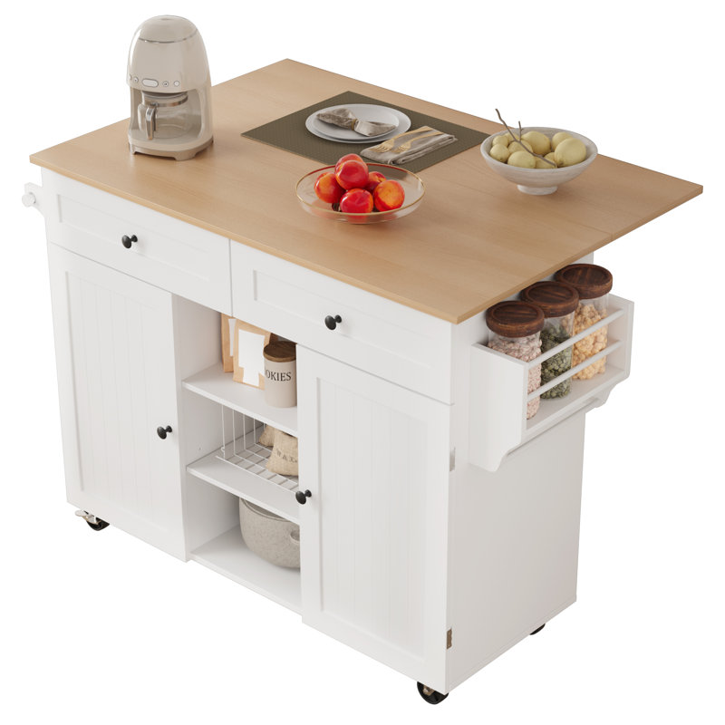 Îlot de cuisine sur roulettes, chariot d'îlot de cuisine roulant avec abattant et 2 tiroirs, armoire de rangement de table de cuisine mobile avec support à tour et support à épices pour la salle à manger, cuisine, blanc