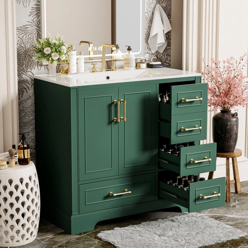 Meuble-lavabo avec lavabo, armoire de salle de bain avec quatre tiroirs et deux portes à fermeture en douceur, Vert/doré