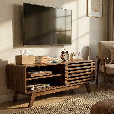 Meuble télé avec rangement, meuble audio-vidéo avec porte coulissante à lattes, meuble télé de style moderne Mid-Century, console média pour le salon
