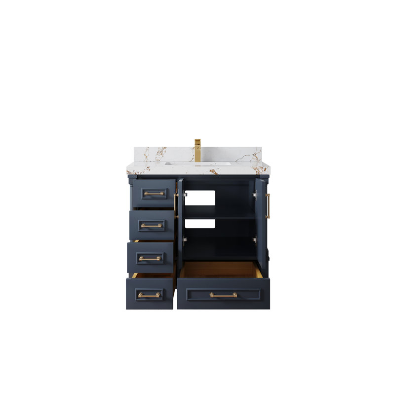 Aberdeen X P 22 po Meuble-lavabo de salle de bain central D avec quartz Calacatta Laza, Bleu marine Hale / or brossé