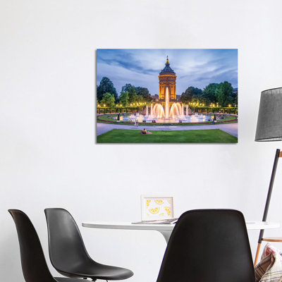 Mannheim Wasserturm And Friedrichsplatz Square At Night by Jan Becke - Wrapped Canvas Print