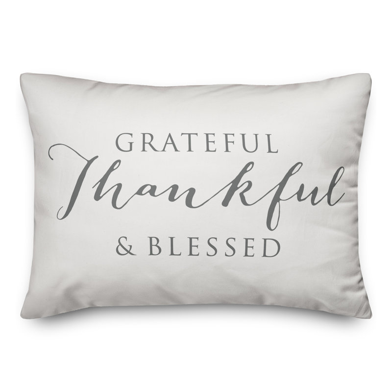 Grateful Thankful Blessed Outdoor Rectangular Pillow Cover & Insert, White/Gray
