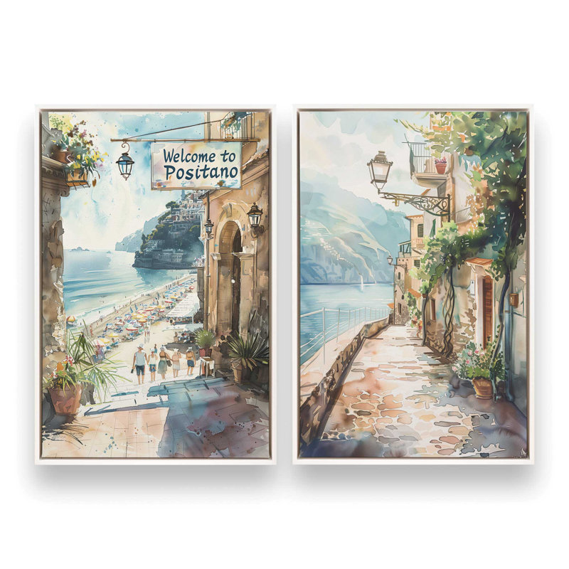 Ensemble de 2 pièces "Coastal Greeting On Canvas" par Azure Artisanal Studio, Cadre flottant blanc opaque