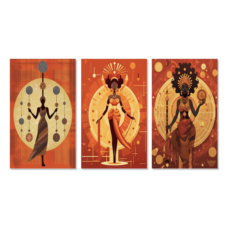 «Graphic Retro African Tribal Goddess», 3 pièces, Toile tendue, H 20 po x l 36 po