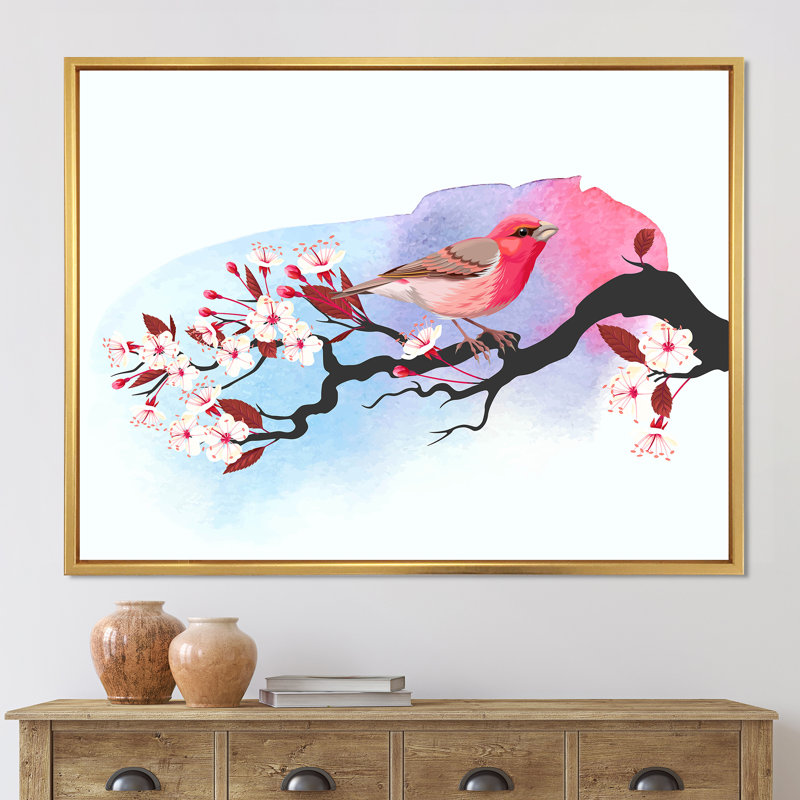 Oiseau rose sur une branche de cerisier - Impression sur toile, H 24 po x l 32 po x P 1 po, Encadrement doré