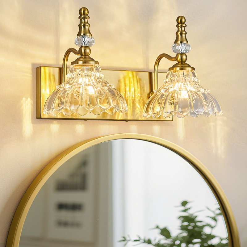 Vintage Bathroom Light Fixtures Over Mirror,Vanity Lighting with Flower Glass Shade, Gold, 2 Lights