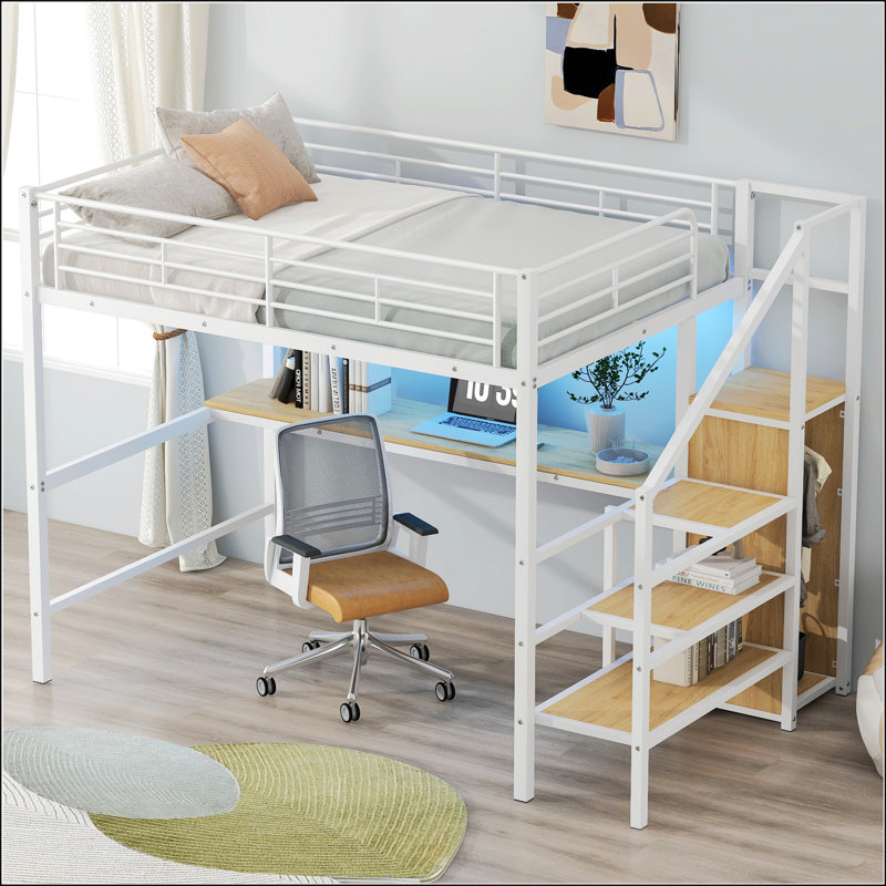 Lit mezzanine double en métal avec bureau, Blanc