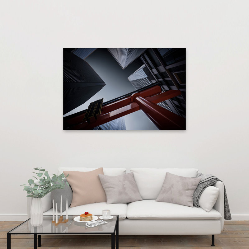 Red Torii Cityscape Contemporary Dramatic Geometric Architecture City Wall Art Print 1 Piece Wrapped Canvas Wall Art