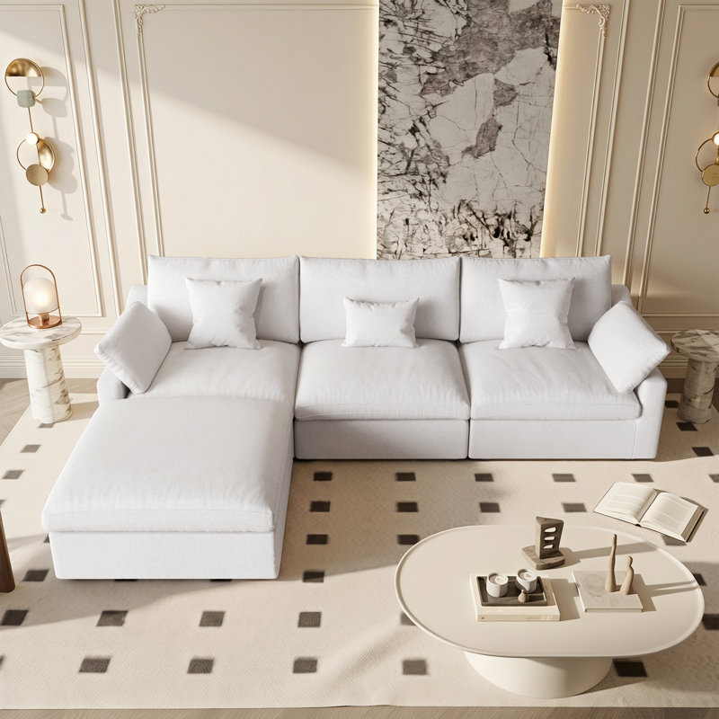 Slipcovered Upholstered Modular Sofa With Ottoman, Beige, 29.53" H x 119.29" W x 77.95" D