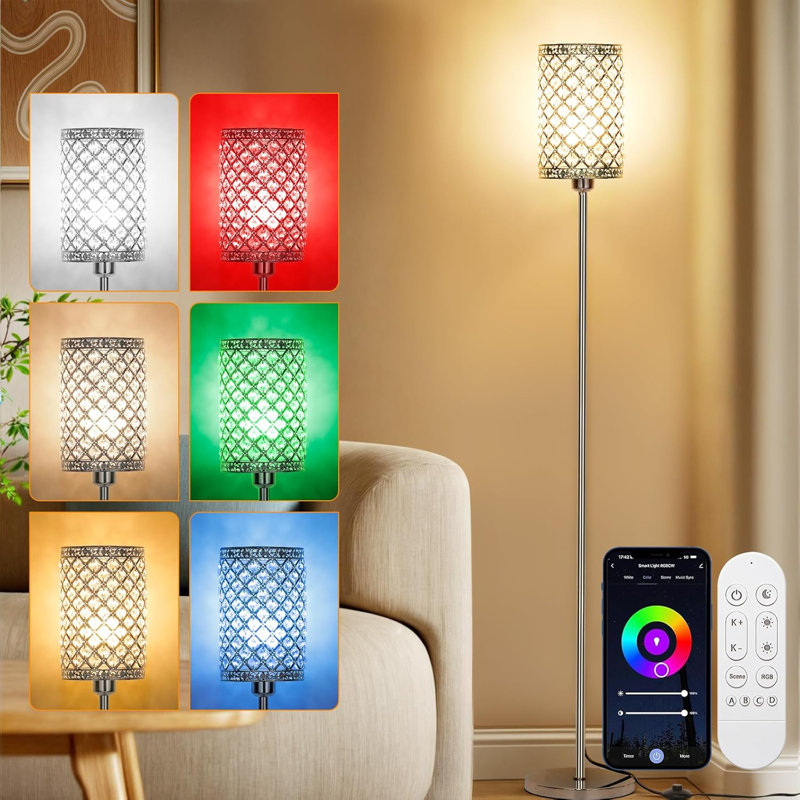Modern Crystal LED Floor Lamp With RGB Lighting, Stepless Dimmable, App & Remote Control, On/Off Foot Switch, Silver Tall Pole Light For Bedroom, Living Room (E26 Base)