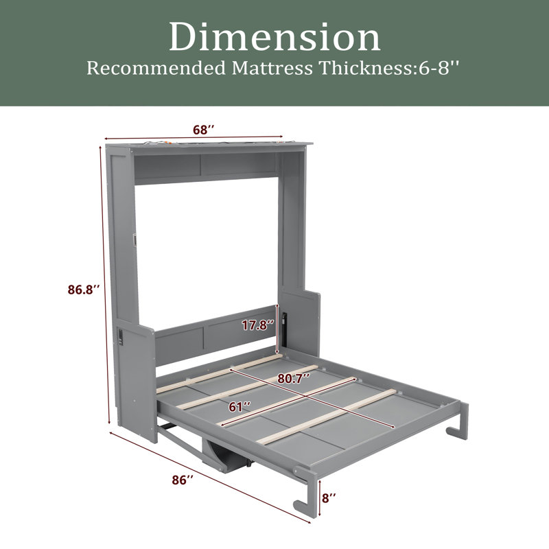 Grand lit escamotable avec bureau, lumières DEL et station de charge USB, gris