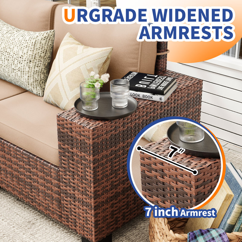 7 - Person Outdoor Rattan Sectional Seating Group With Cushions, Beige, Brown